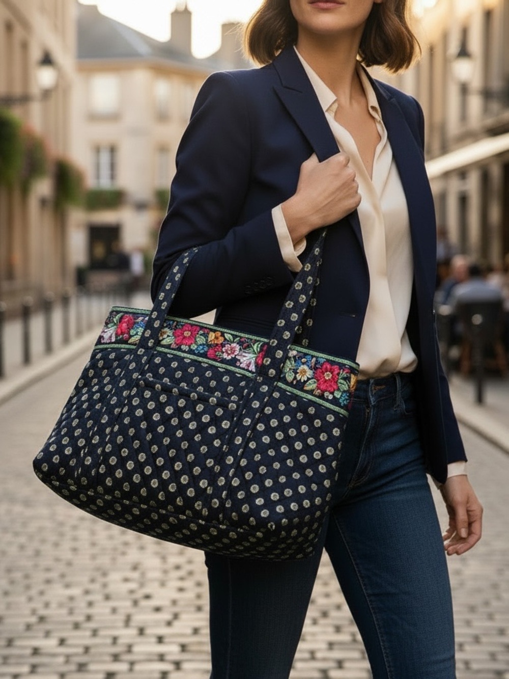 Vera Bradley Navy Tote with Floral Embroidery and matching coin purse